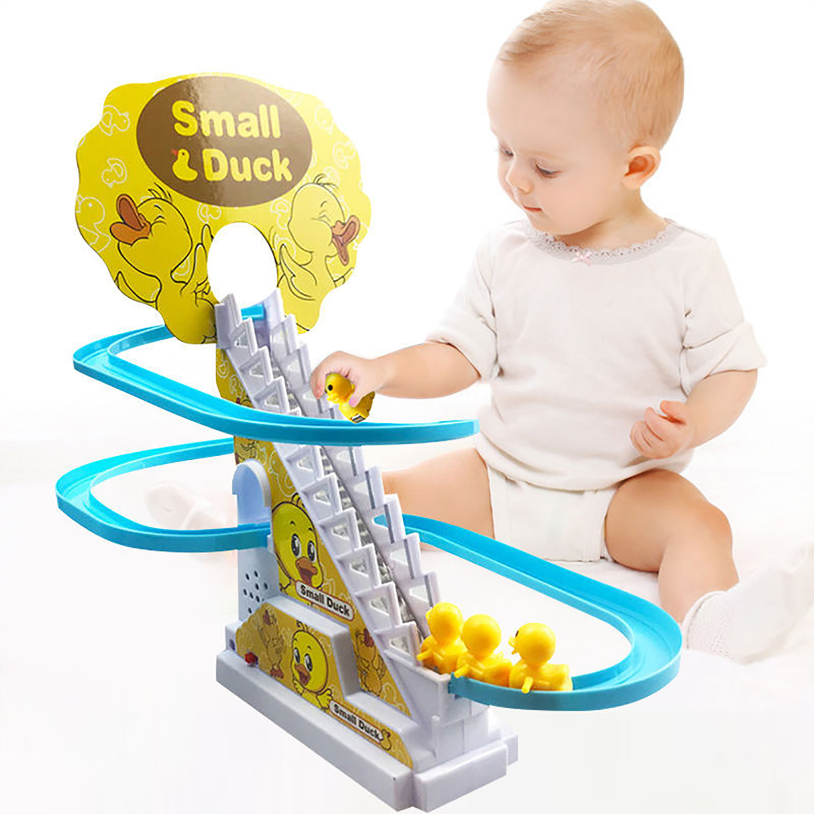 Electric Duck Climbing Stairs Toy Children Roller Coaster Toy Set Educational Light Music Amusement Climb Stairs Track Kids Toy