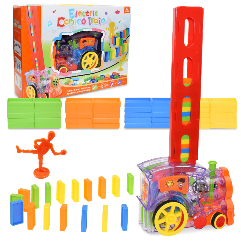 Automatic Laying Domino Brick Train Car Set Sound Light Kids Colorful Plastic Dominoes Blocks Game Toys Car for Children Boys